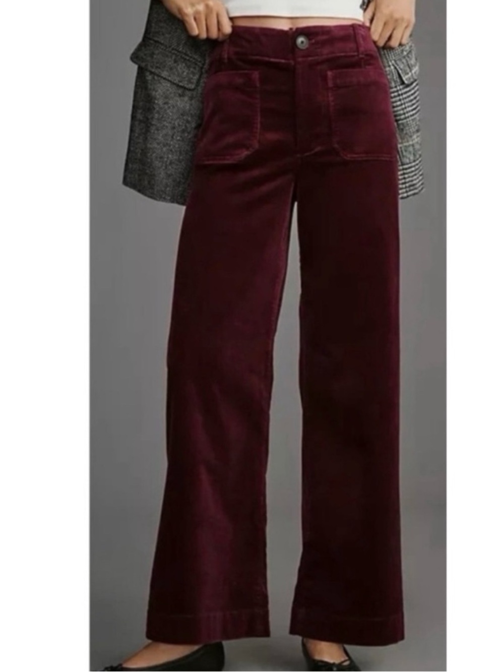 New Anthropologie The Colette Cord Full-Length Wide-Leg Pants 25 Burgundy
